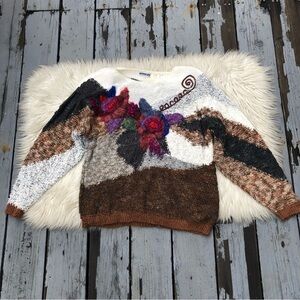 Vintage Mariea Kim Wool Blend Artsy 3D Floral Earth Tone Multicolor Sweater M